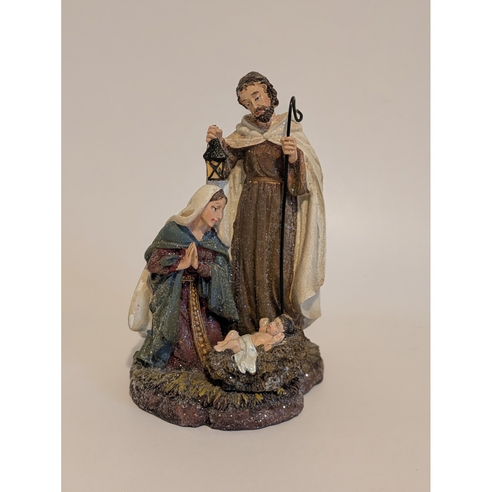 The Holy Family Figurine Mary Kneeling Joseph Holding Staff Baby Jesus 6"